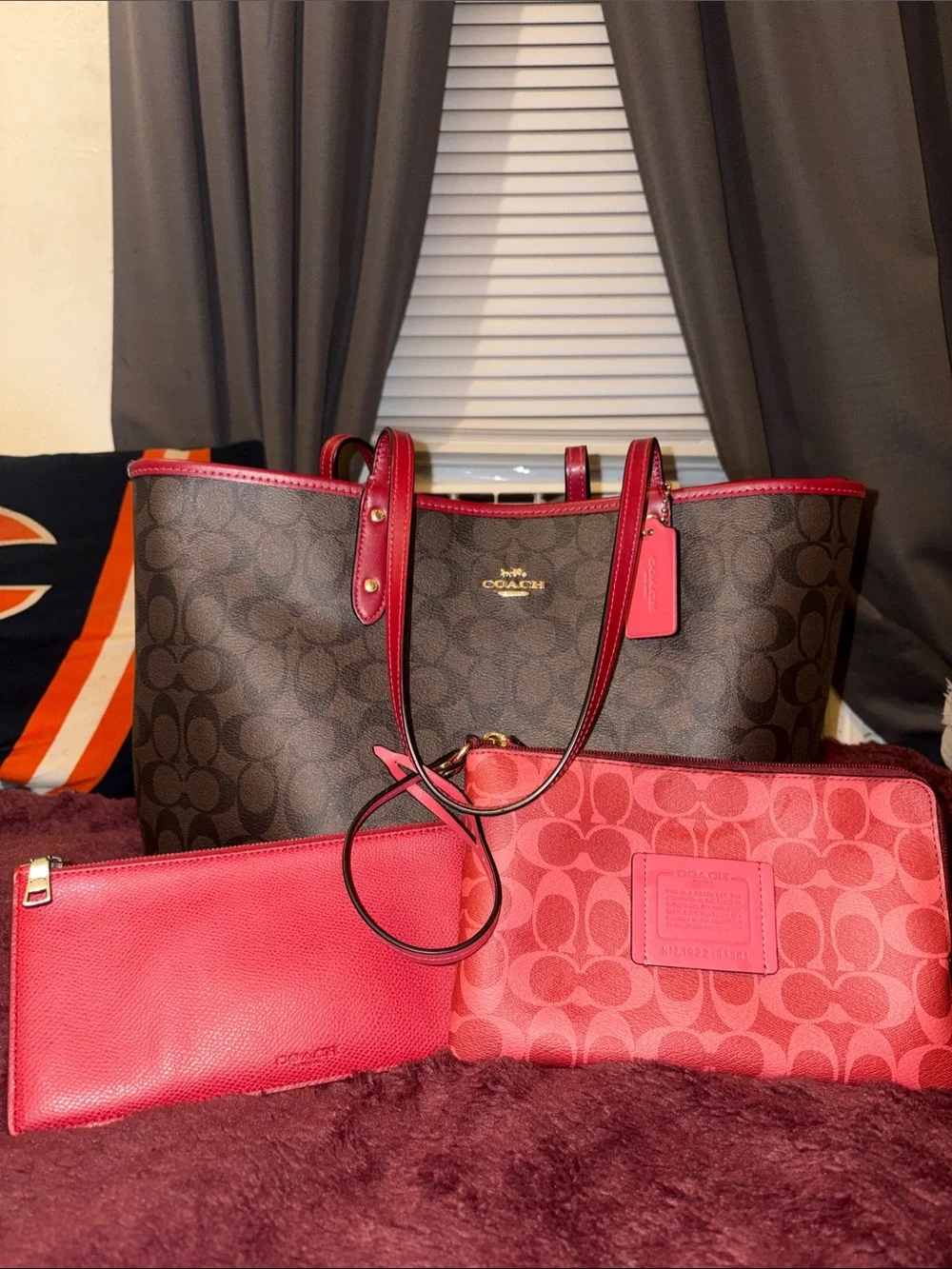 Coach Brown Signature Tote with Red Trim and Matching Red Pouches